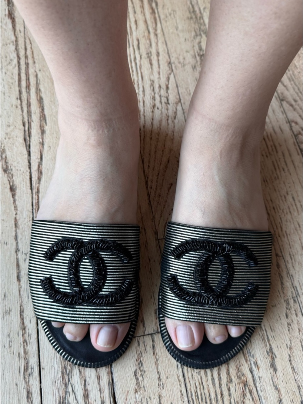CHANEL Black & Metallic Stripe CC Slide Sandals